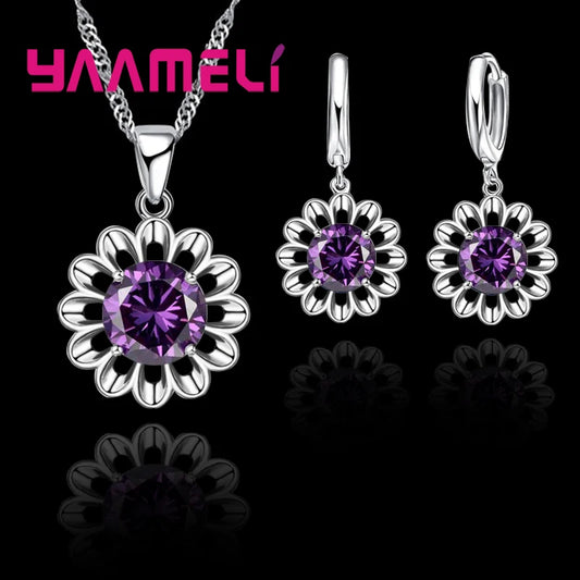 925 Sterling Silver Crystal Pendant Necklace & Hoop Earrings