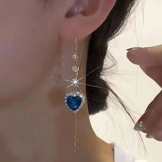 Pendientes de borla de circonia corazón azul – Diseño colgante de lujo ligero