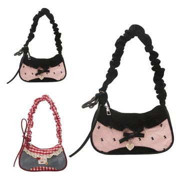 Lace Ribbon Grid Shoulder Bag – Stretchable Strap Handbag