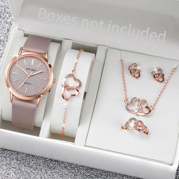 6-Piece Frosted Dial Watch Set – Heart Jewelry Leather Band
