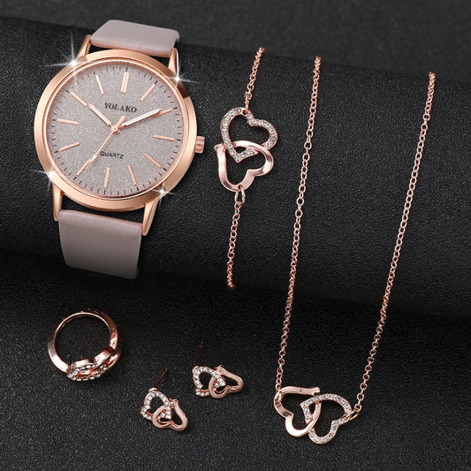6-Piece Frosted Dial Watch Set – Heart Jewelry Leather Band