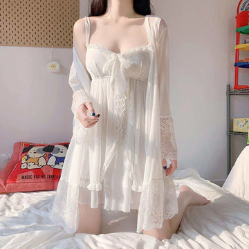 Chic Lace Bow Robe &amp; Gown Set – Breathable Mesh Sleepwear