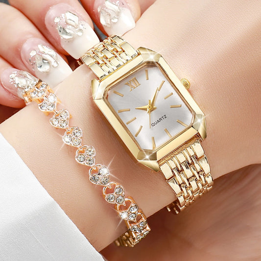 Rectangle Dial Rhinestone Watch & Bracelet Set – Roman Numerals