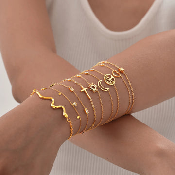 Minimalist Cross & Crescent Moon Bracelet – Stacked Layered Chain