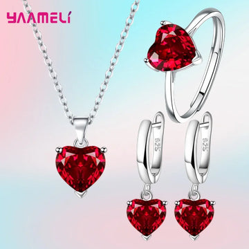 925 Sterling Silver Heart Zircon Jewellery Set – Earrings, Necklace & Ring