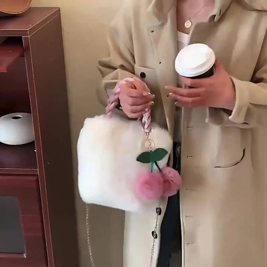 Faux Fur Crossbody Purse – Plush Pompom Charm Shoulder Bag