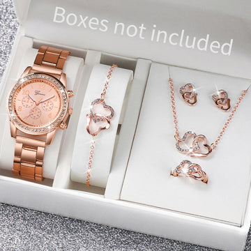 6-Piece Rhinestone Watch Set – Double Heart Stainless Steel Band