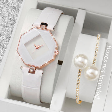 Leather Band Quartz Watch & Pearl Bracelet Set – Casual Elegance