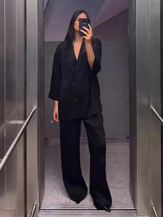 Double-Breasted Blazer &amp; Wide Leg Trousers Set – Office-Ready Style