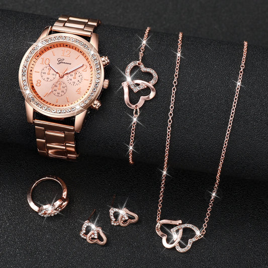 6-Piece Rhinestone Watch Set – Double Heart Stainless Steel Band