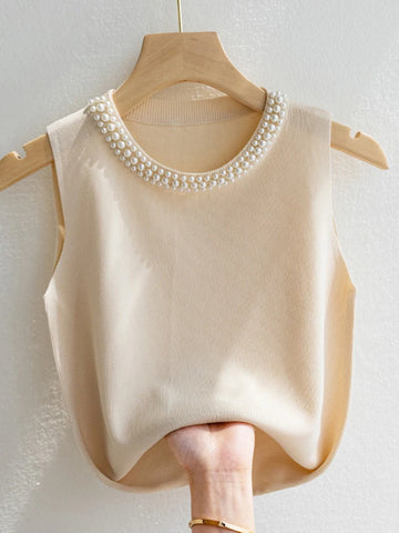 Korean-Style Knitted Beaded Vest Top – Sleeveless Summer Tank