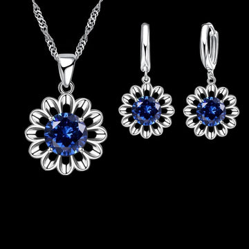 925 Sterling Silver Crystal Pendant Necklace & Hoop Earrings