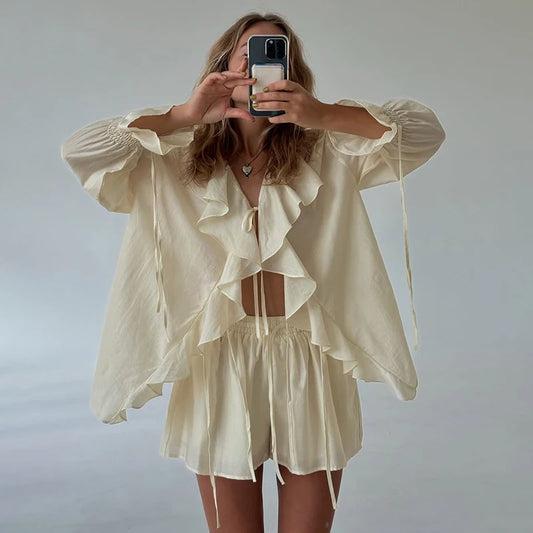 Ruffled V-Neck Shorts Set – Breezy Spring & Summer Style