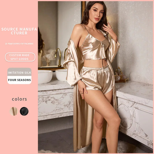 3-Piece Satin Nightgown Set – Sling, Shorts &amp; Robe