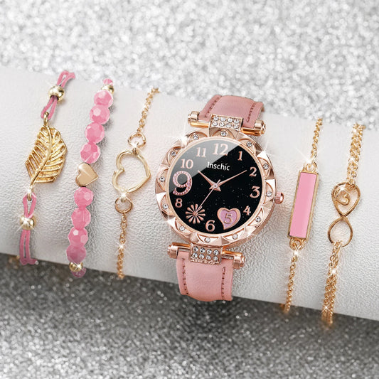 6-Piece Heart Dial Watch & Leaf Bracelet Set – Casual Layered Look