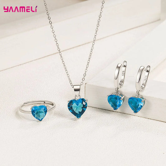 925 Sterling Silver Heart Zircon Jewellery Set – Earrings, Necklace & Ring