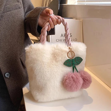 Faux Fur Crossbody Purse – Plush Pompom Charm Shoulder Bag