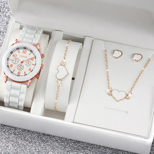 4-Piece Silicone Band Quartz Watch Set – Heart Jewelry Design