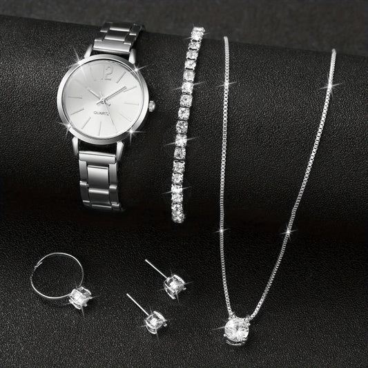 6-Piece Diamond Jewelry Watch Set – Stainless Steel Band