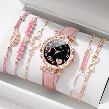 6-Piece Heart Dial Watch & Leaf Bracelet Set – Casual Layered Look
