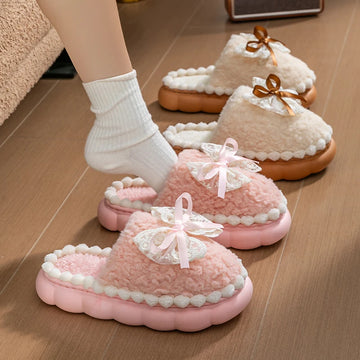 Plush Bow Slippers – Thick-Soled Winter Comfort