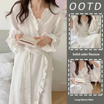 Ruffled Long-Sleeved Robe – Sweet, Breathable Loungewear