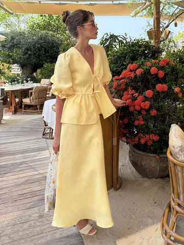 Cotton Lace-Up Bubble Sleeve Shirt &amp; Long Skirt Set – Breathable Summer Style