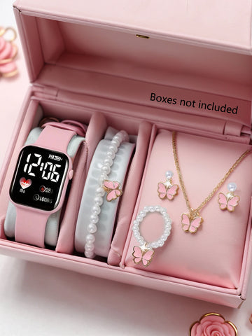 Heart Pattern Electronic Watch & Butterfly Accessory Set