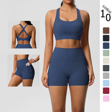 2-Piece Pocketed Yoga Set – High-Stretch Crossover Bra &amp; Leggings