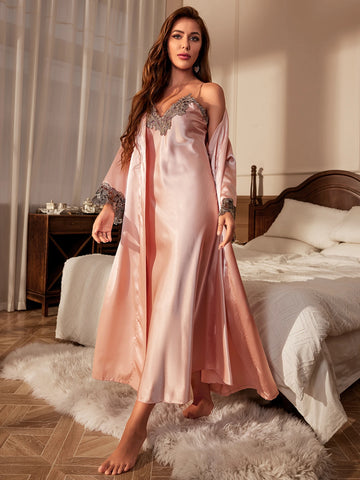 Contrast Lace Belted Pyjama Set – Elegant V-Neck Robe &amp; Slip Dress