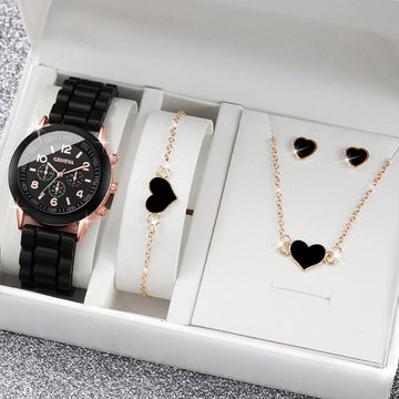 4-Piece Silicone Band Quartz Watch Set – Heart Jewelry Design