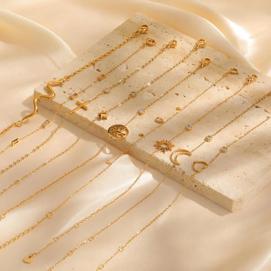 Minimalist Cross & Crescent Moon Bracelet – Stacked Layered Chain