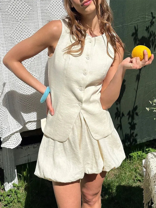Bornladies Cotton Chic Casual Vest Mini Skirt Set Women's Fashion Commuter Sleeveless Tank Top Loose Shorts Suits Summer New
