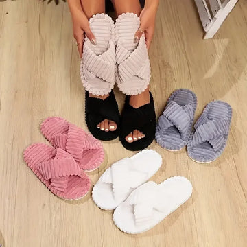 Cozy Cross-Strap Fleece Slippers – Effortless Slip-On Comfort