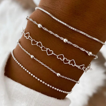 5-Piece Heart Chain Bracelet Set – Gold & Silver Stackable