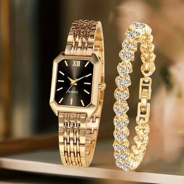 Rectangle Dial Rhinestone Watch & Bracelet Set – Roman Numerals