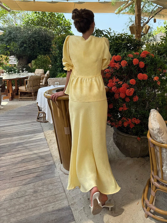 Cotton Lace-Up Bubble Sleeve Shirt &amp; Long Skirt Set – Breathable Summer Style