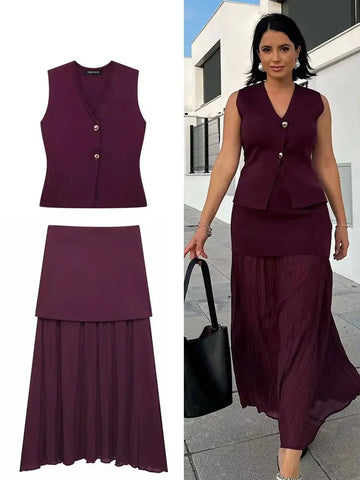 Knitted V-Neck Vest &amp; Patchwork Long Skirt Set – Slim, Street Style
