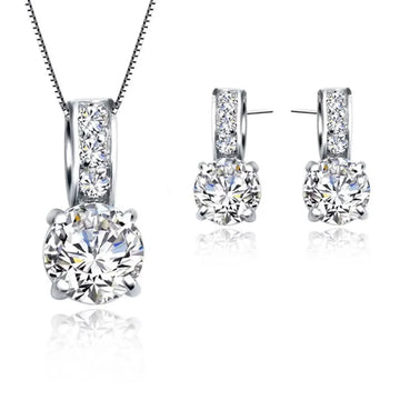 925 Sterling Silver Crystal Pendant Necklace & Stud Earrings