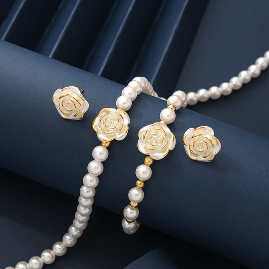 Imitation Pearl Flower Jewelry Set – Necklace, Bracelet & Earrings