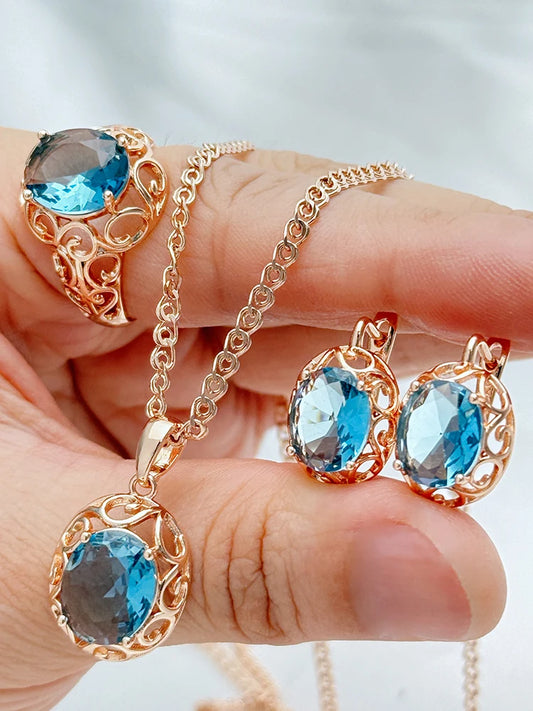 Blue Zircon Jewellery Set – Ring, Earrings & Necklace Trio
