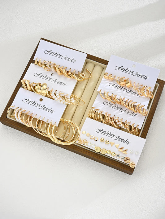 Geometric Gold Pearl Hoop Earring Set – Vintage Multi-Element
