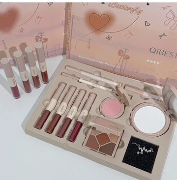 Caja de regalo de maquillaje con lazo de mariposa y corazón – Set completo con collar
