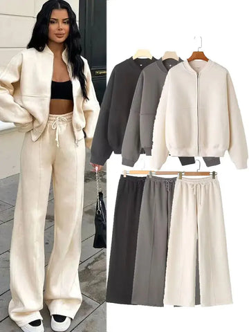Retro Zip Bomber Jacket &amp; Wide Leg Pants Set – Street Style