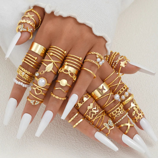 58-Piece Vintage Rings Set – Heart, Snake & Butterfly Designs