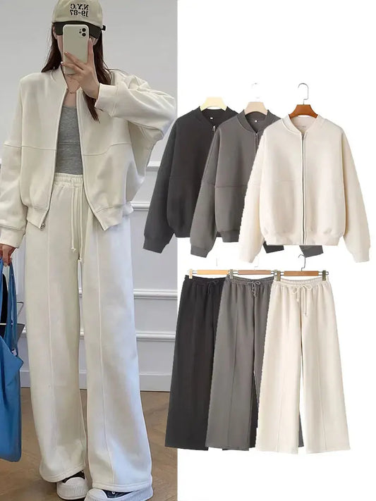Retro Zip Bomber Jacket &amp; Wide Leg Pants Set – Street Style