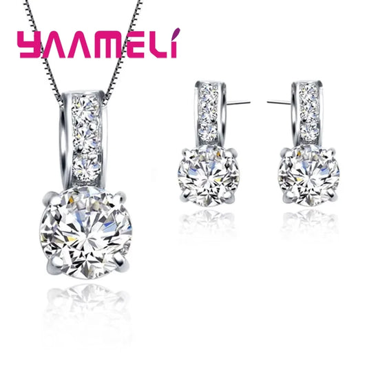 925 Sterling Silver Crystal Pendant Necklace & Stud Earrings