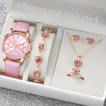 5–6 Piece Heart Rhinestone Watch & Jewelry Set – Leather Band