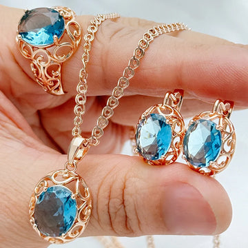 Blue Zircon Jewellery Set – Ring, Earrings & Necklace Trio