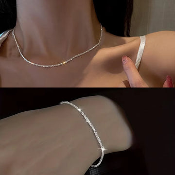 Silver-Plated Collarbone Chain Necklace & Bracelet Set – Layered Style